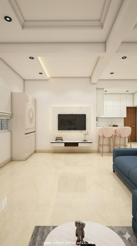 Minimal TV Unit Design with Open Kitchen