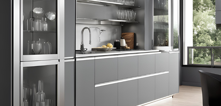 1. Modular Aluminium Kitchen with Glass Cabinets