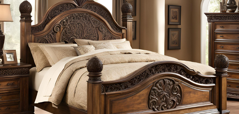 3. Rustic Wooden Bed with Carved Design